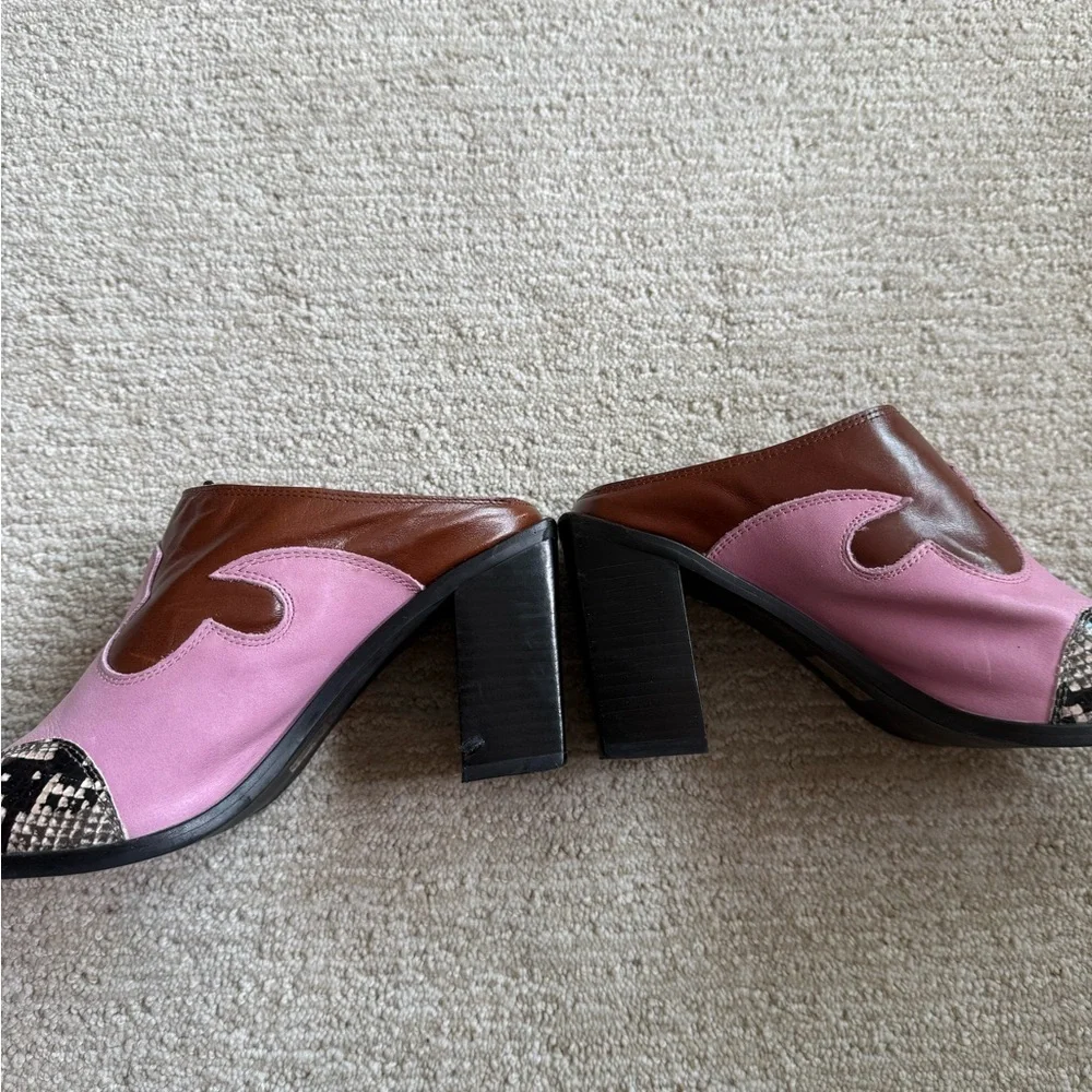 Jeffrey Campbell Pink and Brown Mules with Snakeskin Accent Western - Picture 9 of 9